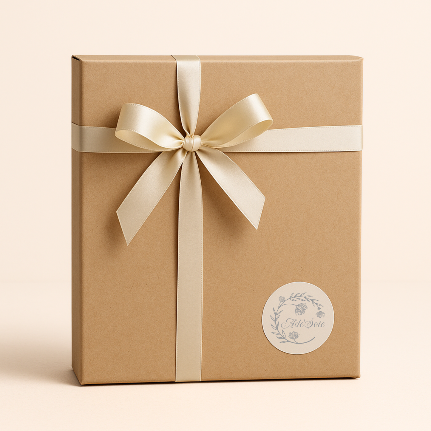 Coffret beauté en soie de mûrier champagne, pochette kraft et ruban beige – Ade’Soie