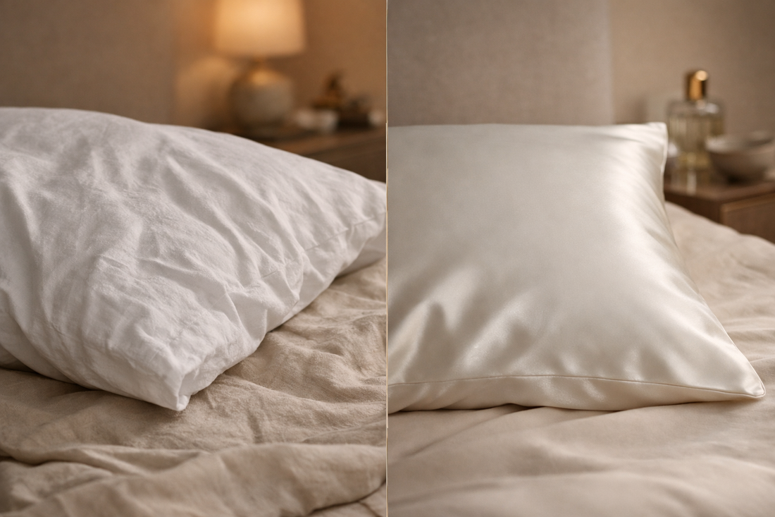 Taie d’oreiller la nuit : coton froissé vs soie lisse pour peau et cheveux, ambiance chambre élégante en France