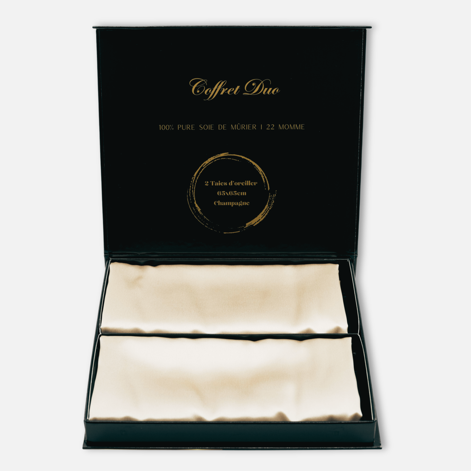 Coffret ouvert taies en soie champagne
