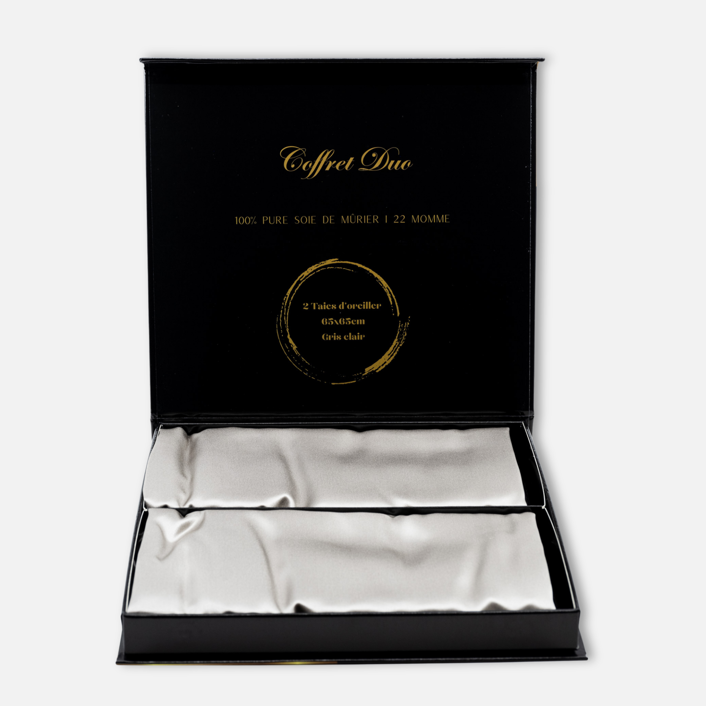 Coffret ouvert taies en soie gris