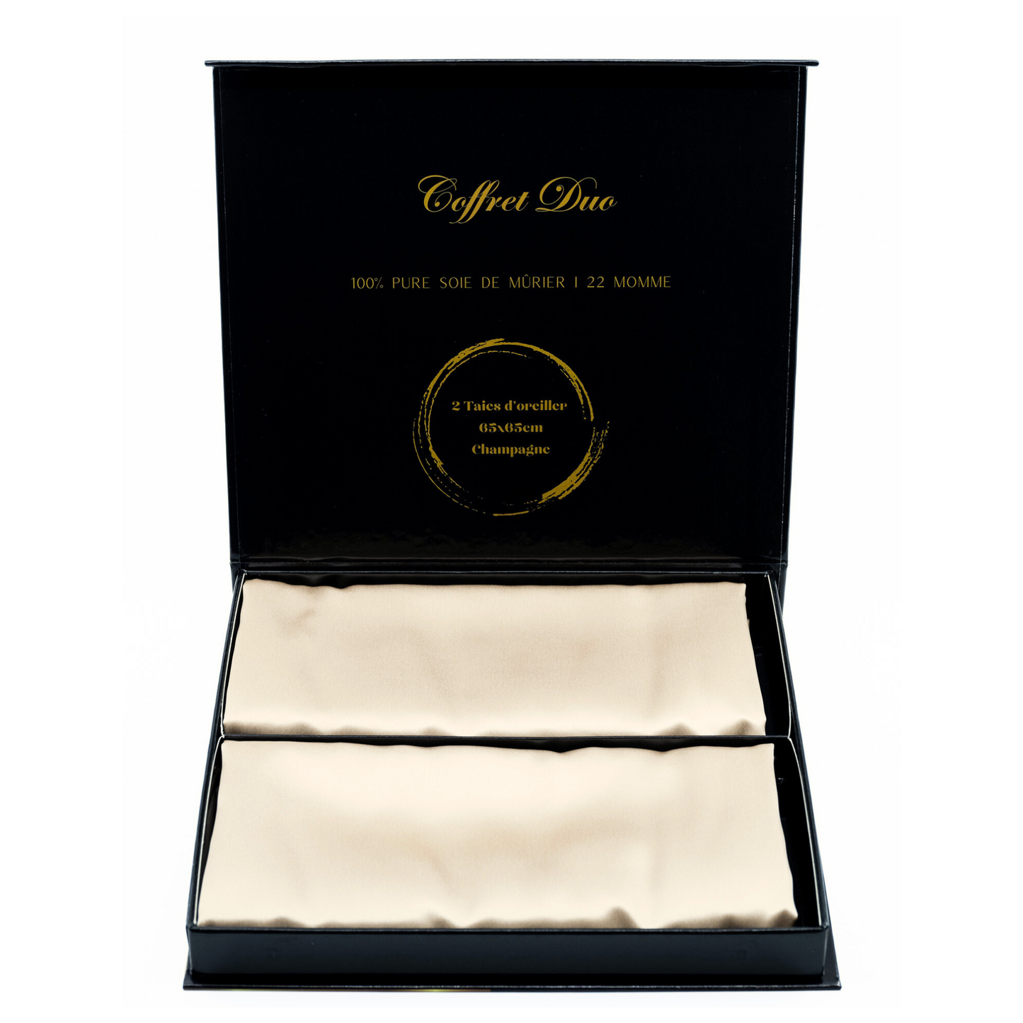 Coffret Duo Taies d’oreiller en soie 65x65 cm champagne.