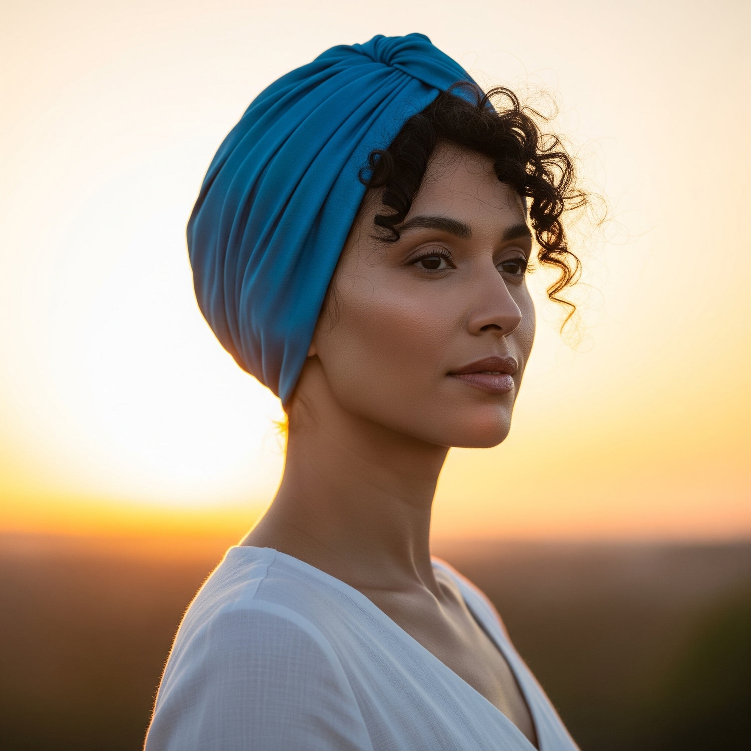 Femme aux cheveux bouclés portant un turban bleu paon.