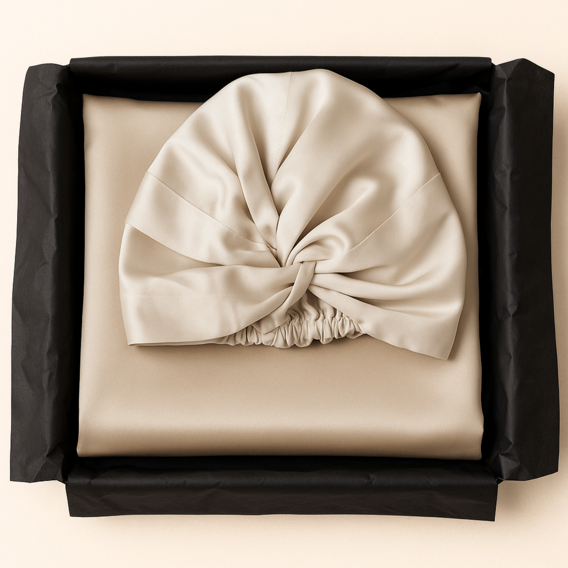 Coffret beauté ouvert avec taie et turban en soie champagne, papier de soie – Ade’Soie