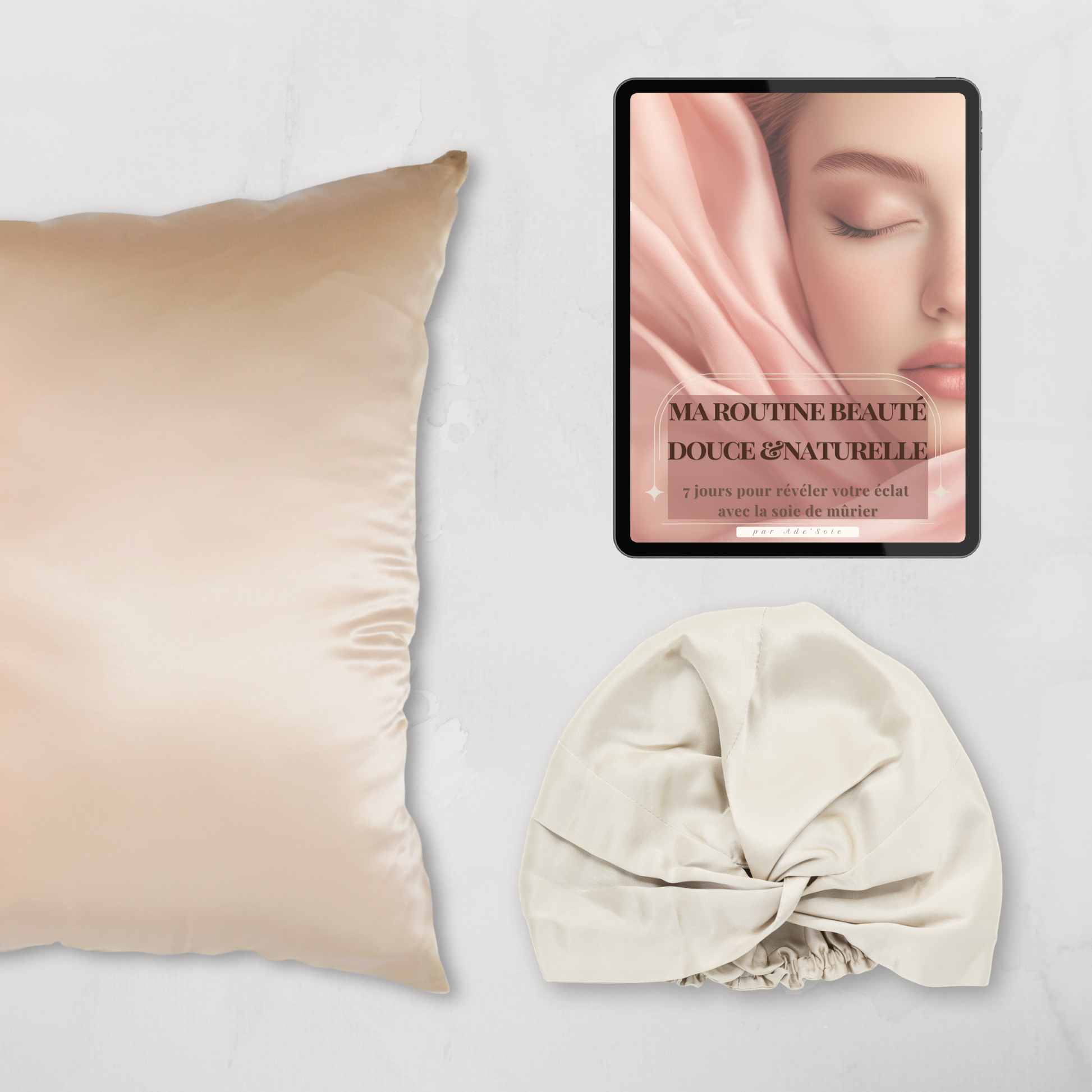 Coffret taie et turban en soie champagne avec couverture de l’ebook beauté offert – Ade’Soie