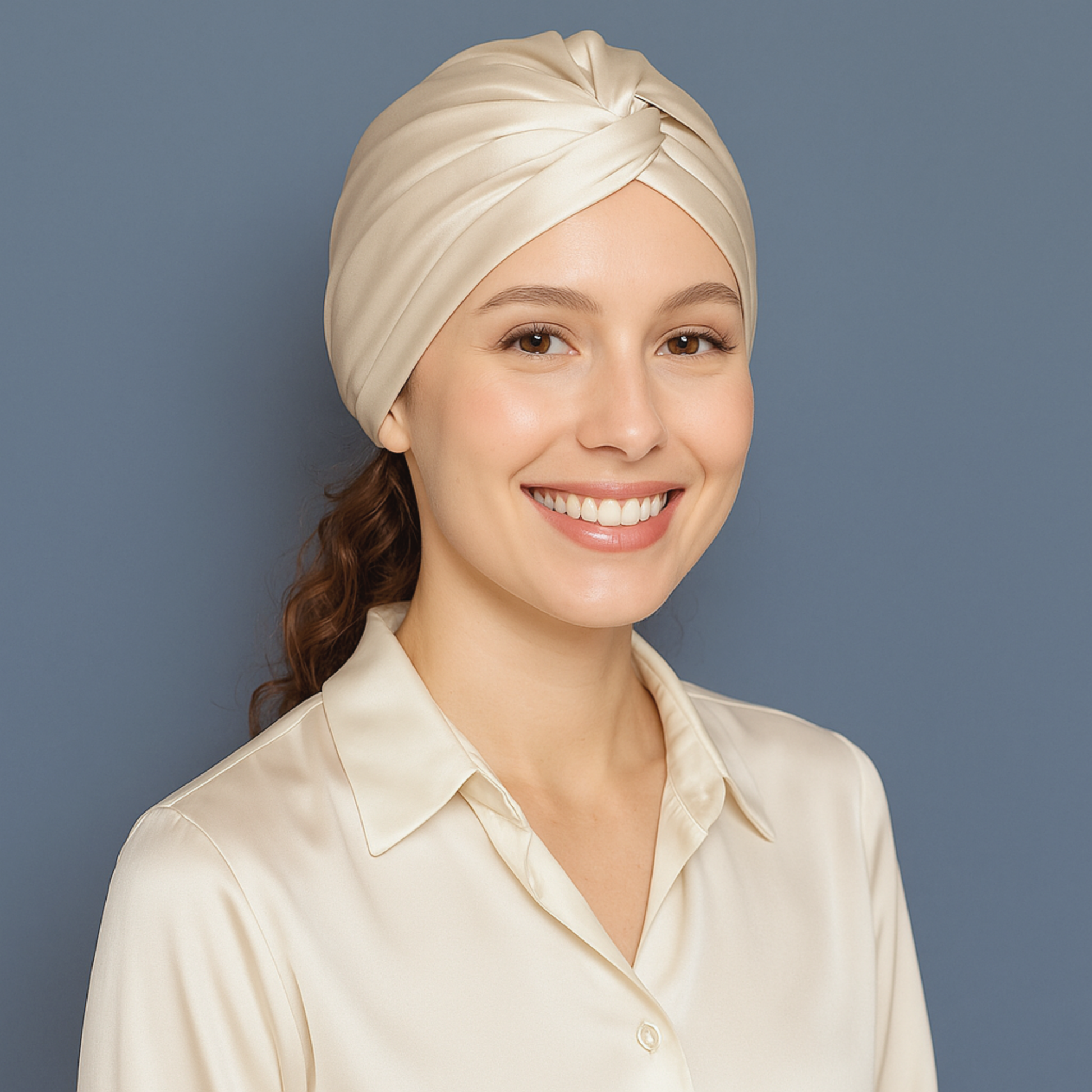 Turban en soie champagne porté par une femme, cheveux bouclés, élégance naturelle – Ade’Soie